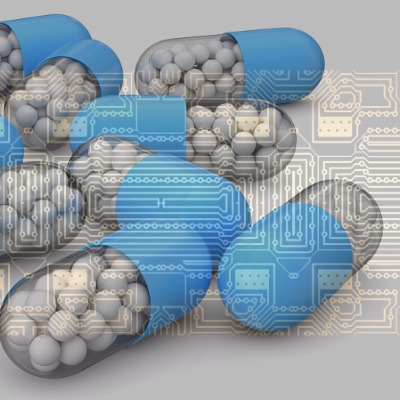 drug capsules with electronic circuit superimposed over them