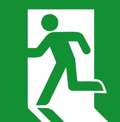 exit sign graphic with man running through a door