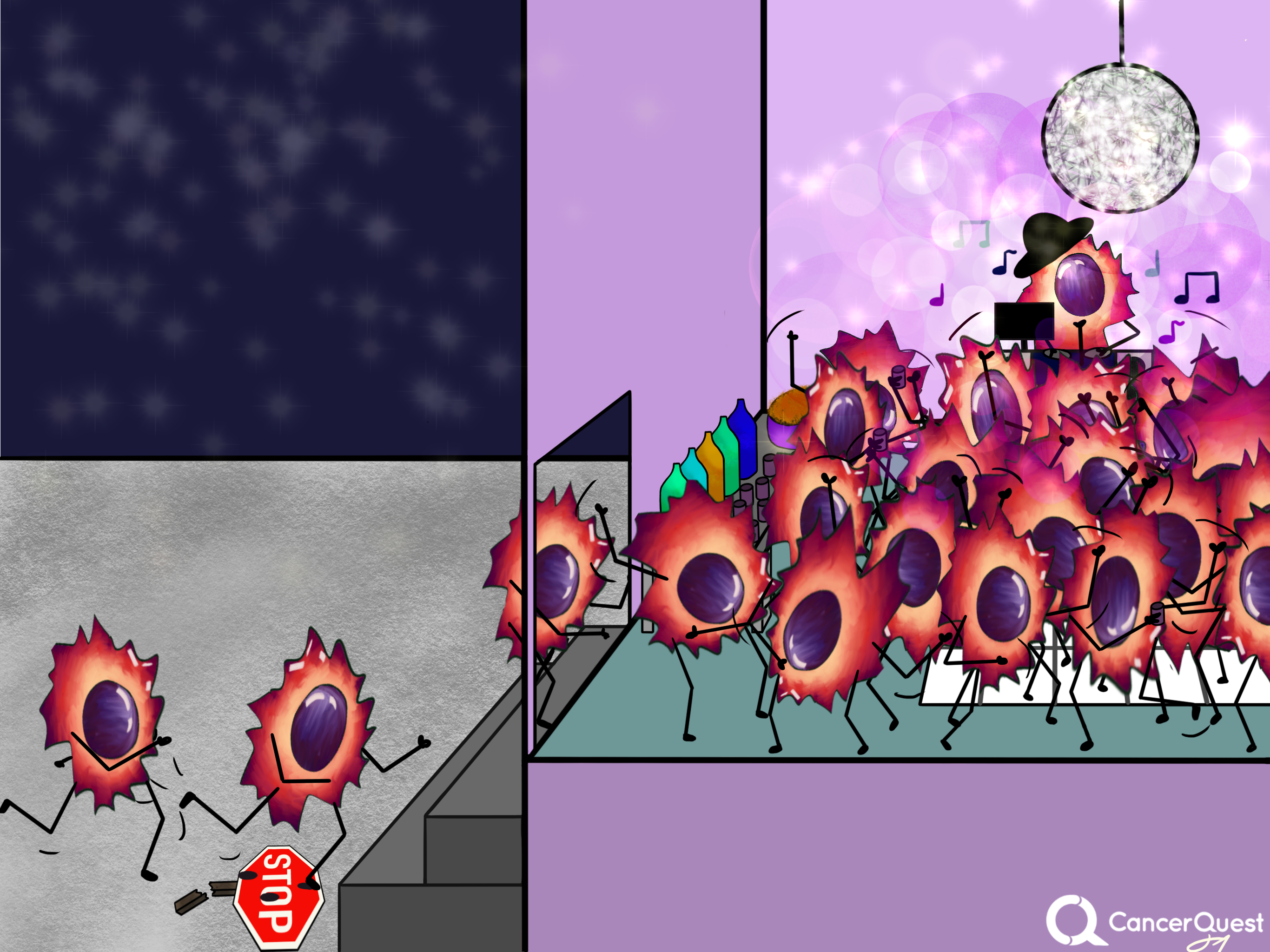 Comic showing cancer cells ignoring 'stop' signals and crowding together.