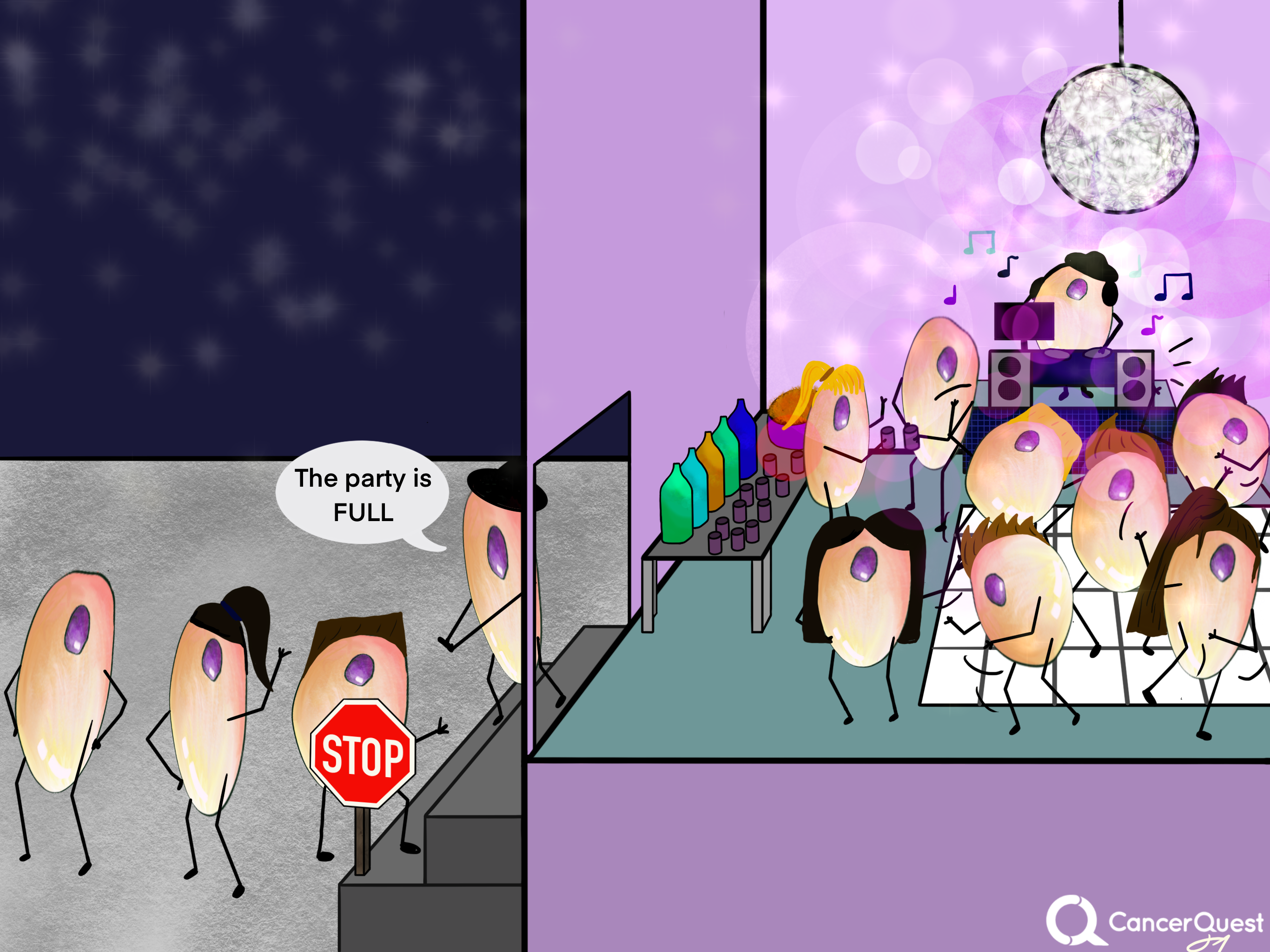 Comic showing normal cells being blocked by contact inhibition